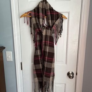 Brown plaid scarf with fringe